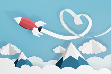 Paper art style of Heart ribbon with Rocket launch in the sky, Create custom greeting cards given on special occasions such as Happy new year or valentine day, 3D rendering design.