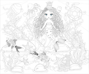 Fototapeta na wymiar Beautiful mermaid. Underwater world. Anti stress coloring book for adult. Outline drawing coloring page. Black and white in zentangle style. Sea, shells. Marine theme.