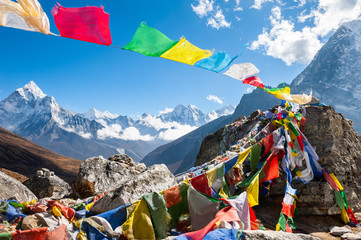 Colorful prayer flags on the Everest Base Camp trek in Himalayas, Nepal.