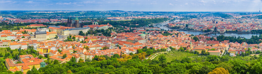 Aerial view of the Old Town and Charles Bridge over Vltava river in Prague,