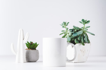 white mug mockup in a styled setting with a white background