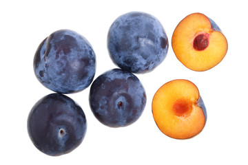 plums isolated on a white background. Top view. Flat lay pattern