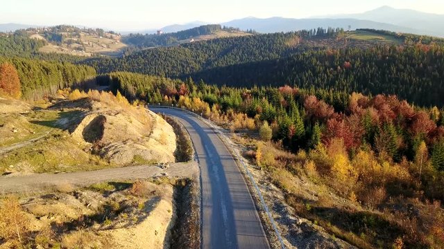 Bird's-eye view on serpentine road and mountain landscape. Carpathians.Ukraine
