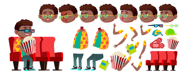 Boy Schoolboy Kid Vector. Black. Afro American. Animation Creation Set. Funny Children. Junior. Lifestyle, Friendly. For Web, Brochure, Poster Design. Face Emotions, Gestures. Animated Illustration