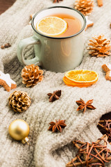 Obraz na płótnie Canvas Winter and New Year theme. Christmas tea with spices