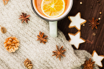 Winter and New Year theme. Christmas tea with spices
