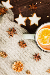 Winter and New Year theme. Christmas tea with spices