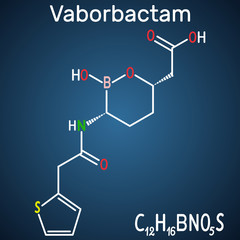 Vaborbactam drug molecule. Structural chemical formula and molecule model on the dark blue background