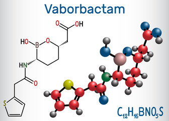 Vaborbactam drug molecule. Beta-lactamase inhibitor, is used with meropenem for intravenous administration. Structural chemical formula and molecule model