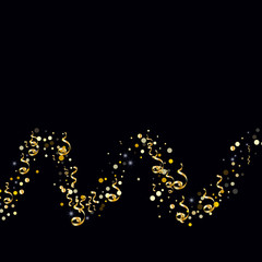 Golden serpentine and confetti on a black background Creative design of wallpaper, background, cover, printing, packaging