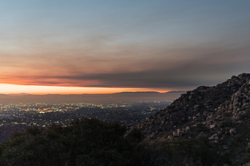 Los Angeles, California, USA - November 10, 2018:  Smoke filled morning sky above the San Fernando Valley.  Smoke is from the Woolsey fire in Malibu and Ventura County.   
