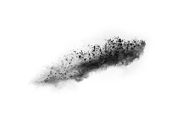 particles of charcoal on white background,abstract powder splatted on white background,Freeze motion of black powder exploding or throwing black powder.