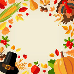Vector Illustration. Template background with icons flat style for thanksgiving day. 