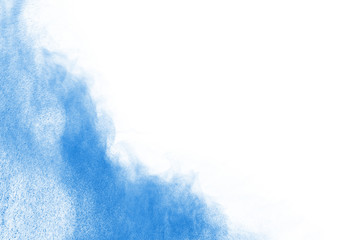 Blue powder explosion on white background. Colored cloud. Colorful dust explode. Paint Holi.