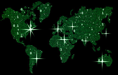 Green world map consists of binary code, concept of digital world