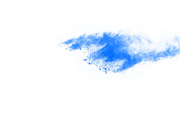 Blue powder explosion on white background. Colored cloud. Colorful dust explode. Paint Holi.