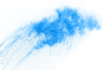 Blue powder explosion on white background. Colored cloud. Colorful dust explode. Paint Holi.