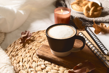 cozy hygge autumn and winter coffee flat lay on bed