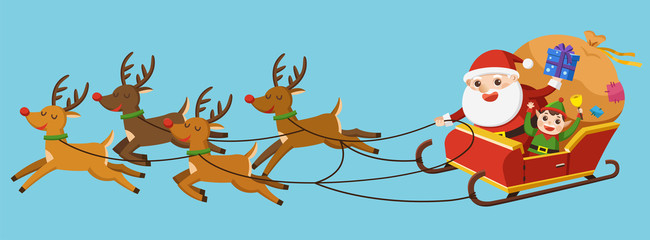 Merry Christmas And Happy New Year Greeting Card. Santa riding in sledge with reindeers.