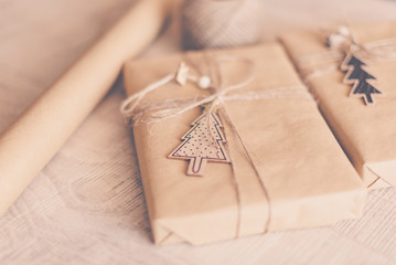 Christmas theme. Handmade Gift wrapping for Christmas and New Year.