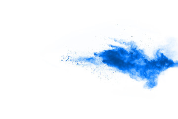 Fototapeta na wymiar Blue powder explosion on white background. Colored cloud. Colorful dust explode. Paint Holi.