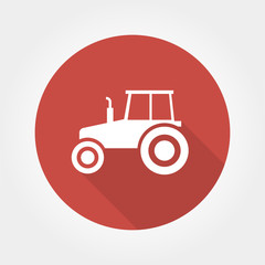 Flat tractor on red background. White tractor icon - vector illustration. Agricultural - transport for farm in flat style.