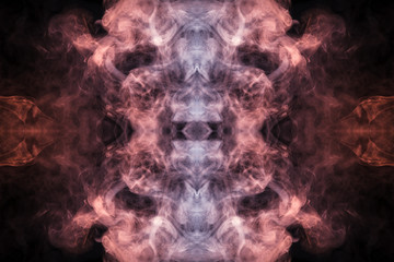 Abstract thick colored smoke on a black background with a monster face. The concept of light laser show at a musical concert and a print on a T-shirt