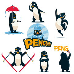 Cute Penguin set of illustrations, with penguins in different situations like skiing, looking for, painting, rejoices, rainy, like a boss. Vector illustration