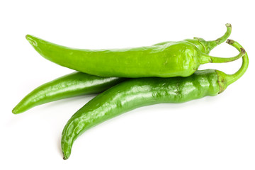green hot chili peppers isolated on white background. Top view. Flat lay pattern