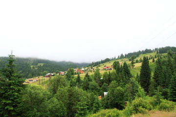 Carpathian landscape. 
Ukrainian village in the mountains.