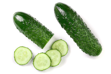 Cucumber slices isolated on white background. Top view. Flat lay pattern