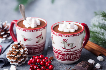 Hot chocolate drink with marshmallows. Christmas, New Year decoration. Grey background. Close up....