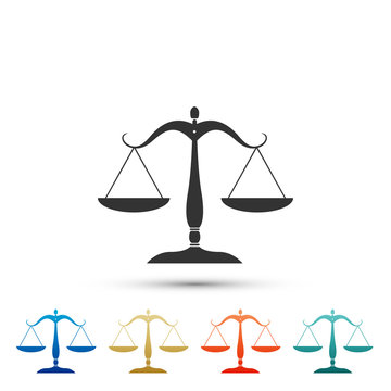 Scales of justice icon isolated on white background. Court of law symbol. Balance scale sign. Set elements in colored icons. Flat design. Vector Illustration