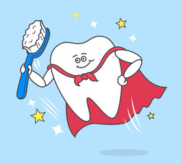 Cartoon tooth with toothbrush wearing a red cloak. Super power of brushing teeth. Stomatology concept for kids. Cute dental illustration. Dentistry cleaning icon.