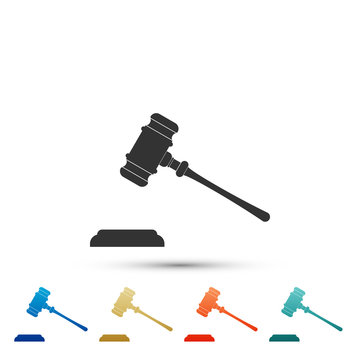 Judge gavel icon isolated on white background. Gavel for adjudication of sentences and bills, court, justice, with a stand. Auction hammer symbol. Colored icons. Flat design. Vector Illustration