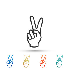 Hand showing two finger icon isolated on white background. Victory hand sign. Set elements in colored icons. Flat design. Vector Illustration