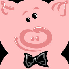 Vector illustration of a cheerful happy face of a pig gentleman in a bow tie on a pink background