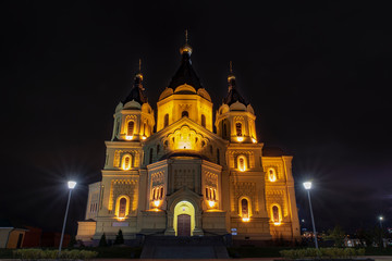 Fototapeta na wymiar Europe, Russia, Nizhny Novgorod city, temple, Alexander Nevsky Cathedral, night, river, Volga, Oka
