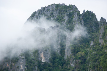 Landscape of limestone mountain in the morning mist.