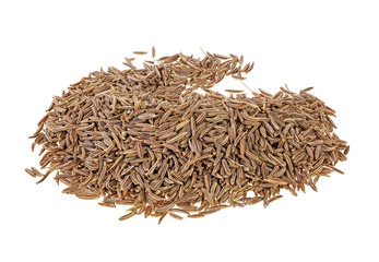 Pile of jeera seeds isolated on white background. Dried cumin seeds. Caraway.