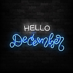 Vector realistic isolated neon sign of Hello December logo for decoration and covering on the wall background. Concept of Happy New Year and Merry Christmas.