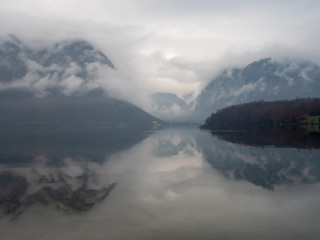 Hallstatt lake in the morning with mist from Obertraun shore