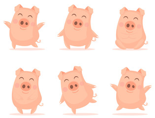 Vector little cartoon pigs characters posing in different situations. Illustrations of set cute piggys. Piglet illustration for card, posters, invitations, children room, decoration
