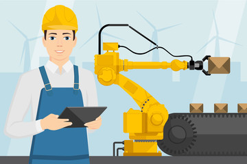 Engineer with a digital tablet controls the handling robot. Smart factory. Vector illustration