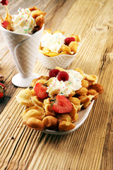 Hong Kong style egg waffle on wooden board. bubble waffle