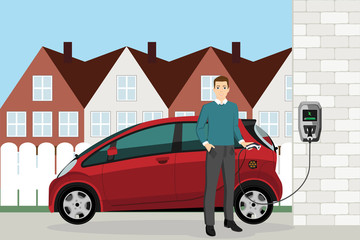 Man charges an electric car at a charging station on back yard at house. Vector illustration