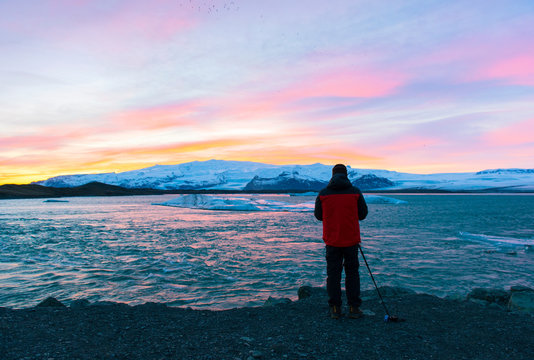 Photographer take a photo at iceberg in vatnajokull Iceland.