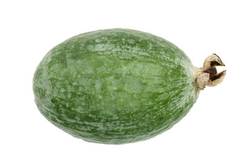 Tropical fruit feijoa Acca sellowiana isolated on white background. Top view. Flat lay pattern
