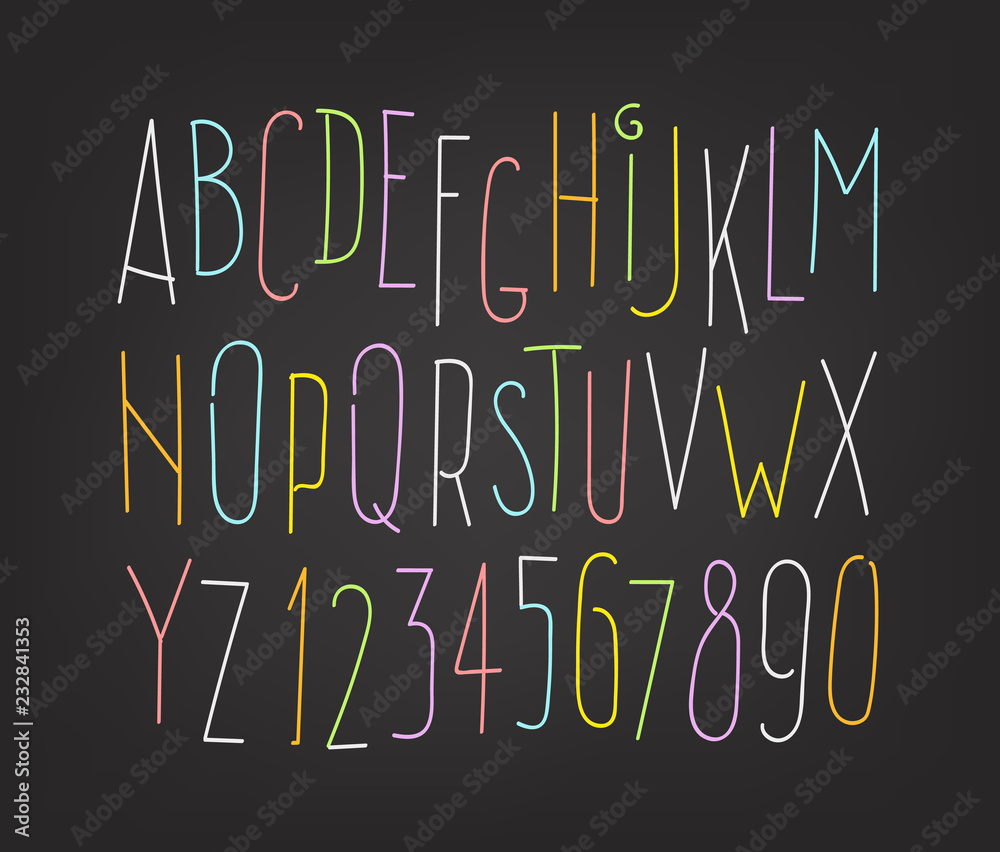 Poster hand-drawn color letters and digits isolated on dark background. vector clipart