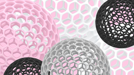 3d spheres with holes. Perforated balls background. Abstract wallpaper. Flying bubbles. Trendy modern illustration. 3d rendering. Cell. Pastel colors. Poster backdrop.